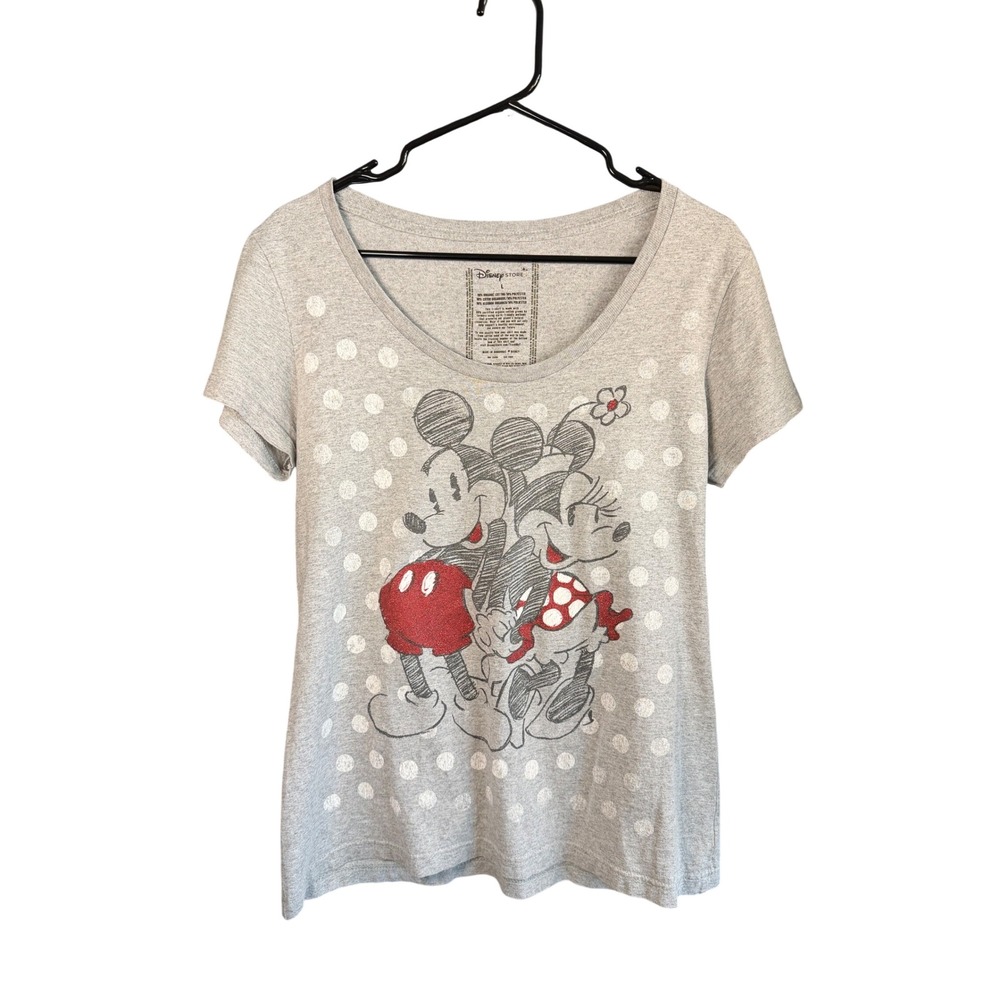 Disney Store Mickey Minnie Mouse Polka Dot Glitter Graphic T-Shirt Grey Large
